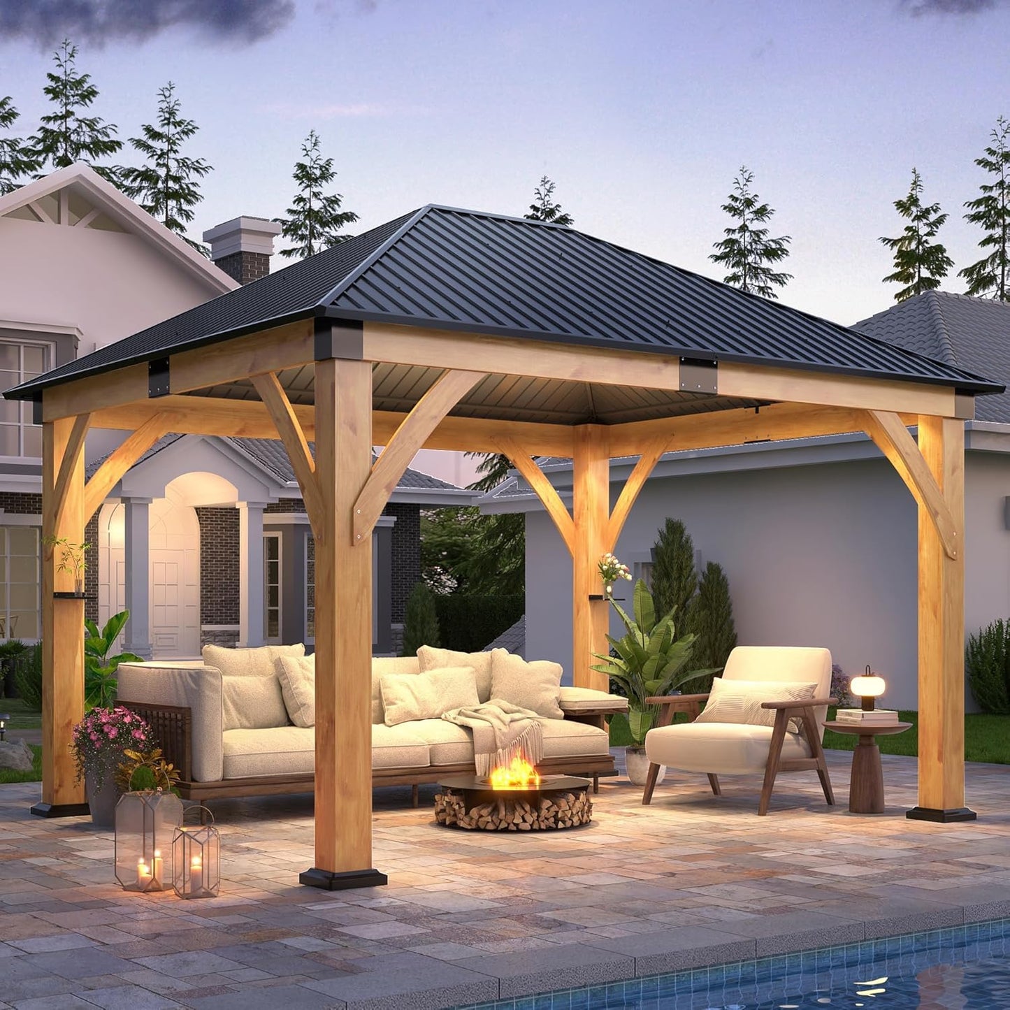 11FT X 13FT Outdoor Spruce Wood Gazebo | Patio Wooden Frame Gazebo with Galvanized Steel Roof, Heavy-Duty Hardtop Gazebos for Garden, Poolside, Deck, Backyard