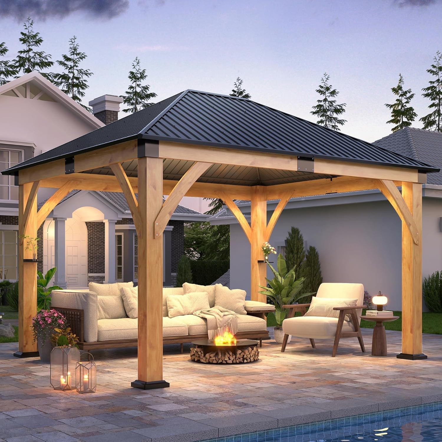11FT X 13FT Outdoor Spruce Wood Gazebo | Patio Wooden Frame Gazebo with Galvanized Steel Roof, Heavy-Duty Hardtop Gazebos for Garden, Poolside, Deck, Backyard