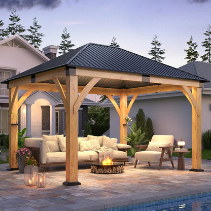 11FT X 13FT Outdoor Spruce Wood Gazebo | Patio Wooden Frame Gazebo with Galvanized Steel Roof, Heavy-Duty Hardtop Gazebos for Garden, Poolside, Deck, Backyard