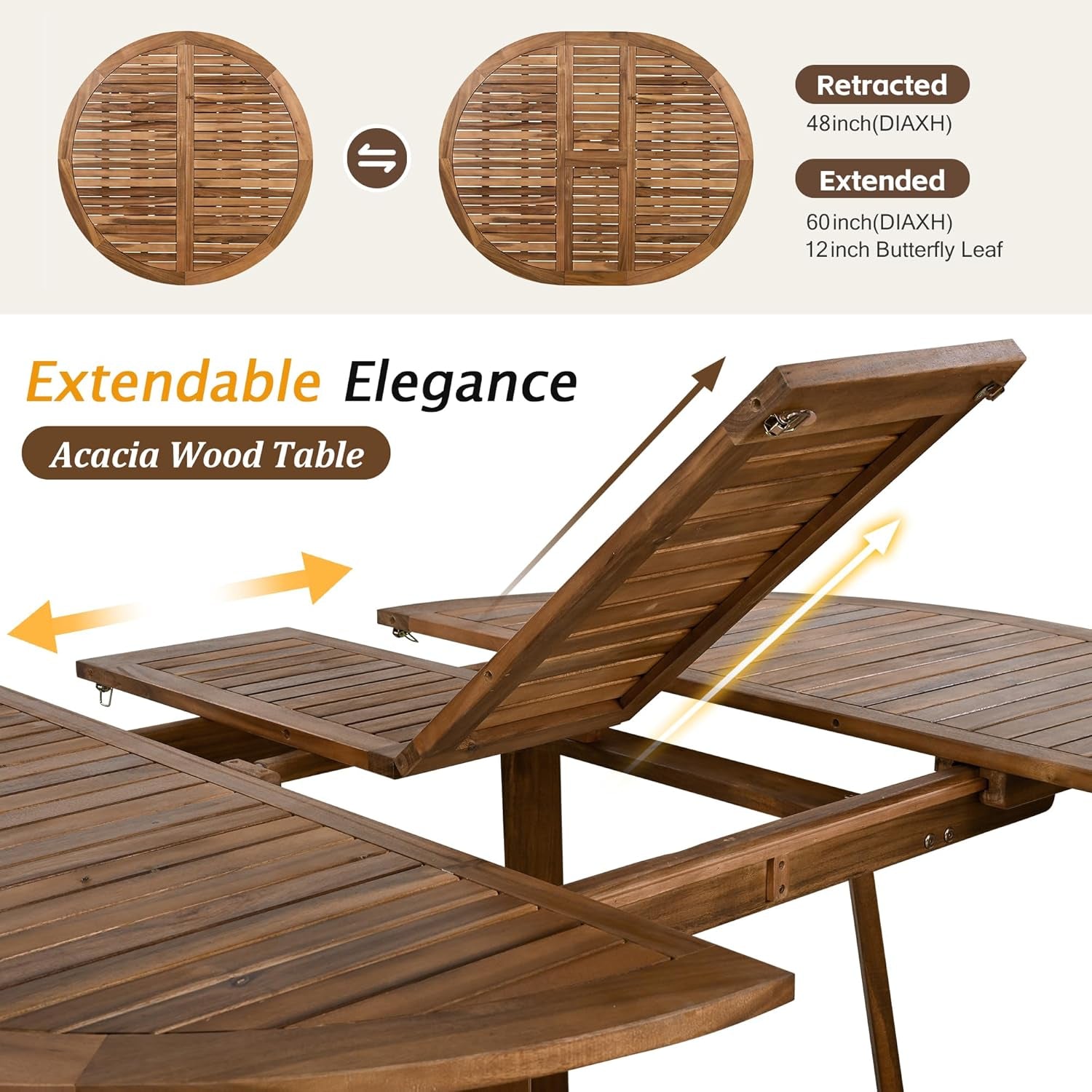 5 Piece Patio Dining Set, Outdoor Acacia Wood Extendable round Table with 12 Inch Butterfly Leaf and 4 Rattan Arm Chairs W/Cousions & Pillows for Backyard,Balcony, Garden, Poolsid, Natural