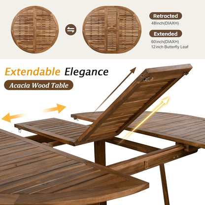 5 Piece Patio Dining Set, Outdoor Acacia Wood Extendable round Table with 12 Inch Butterfly Leaf and 4 Rattan Arm Chairs W/Cousions & Pillows for Backyard,Balcony, Garden, Poolsid, Natural