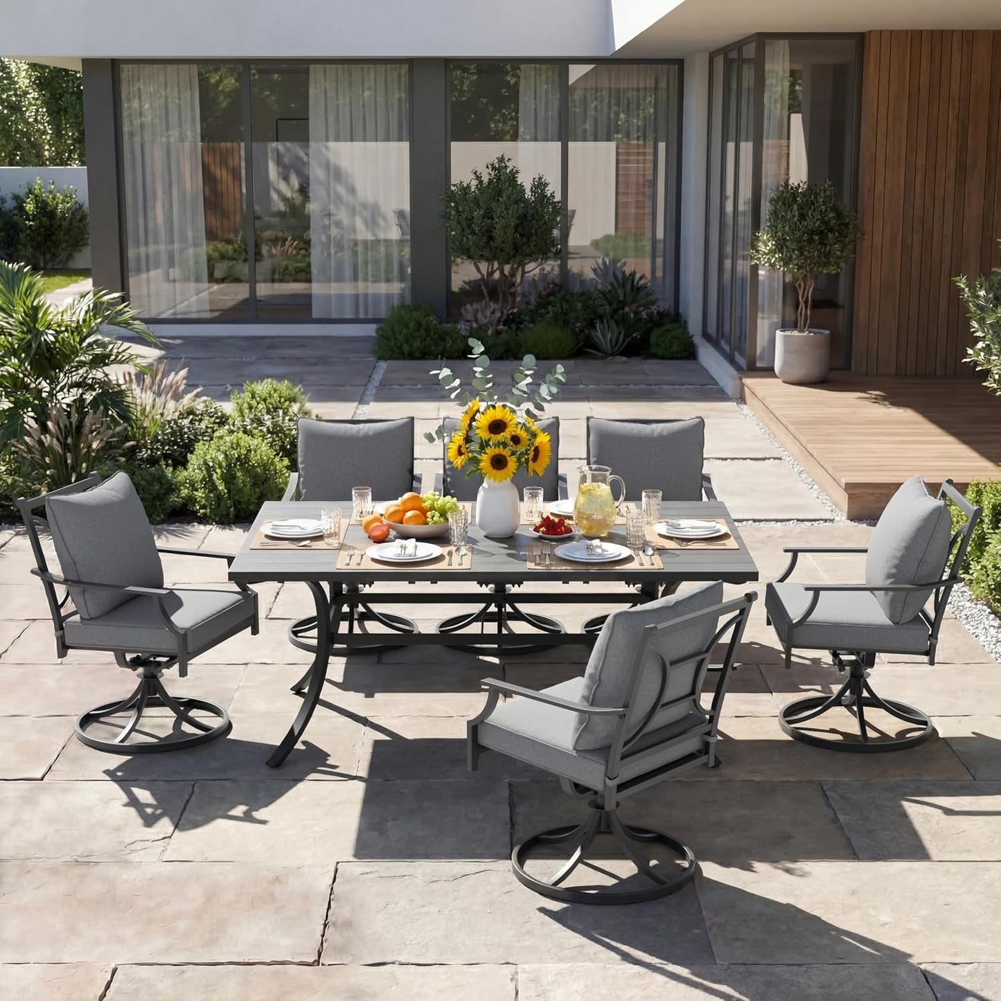 7-Piece Patio Dining Set for 6, E-Coated Outdoor Dining Set Swivel Patio Dining Chairs with Olefin Cushions & 1 Black Rectangular Faux Woodgrain Dining Table with 1.5”Market Umbrella Hole