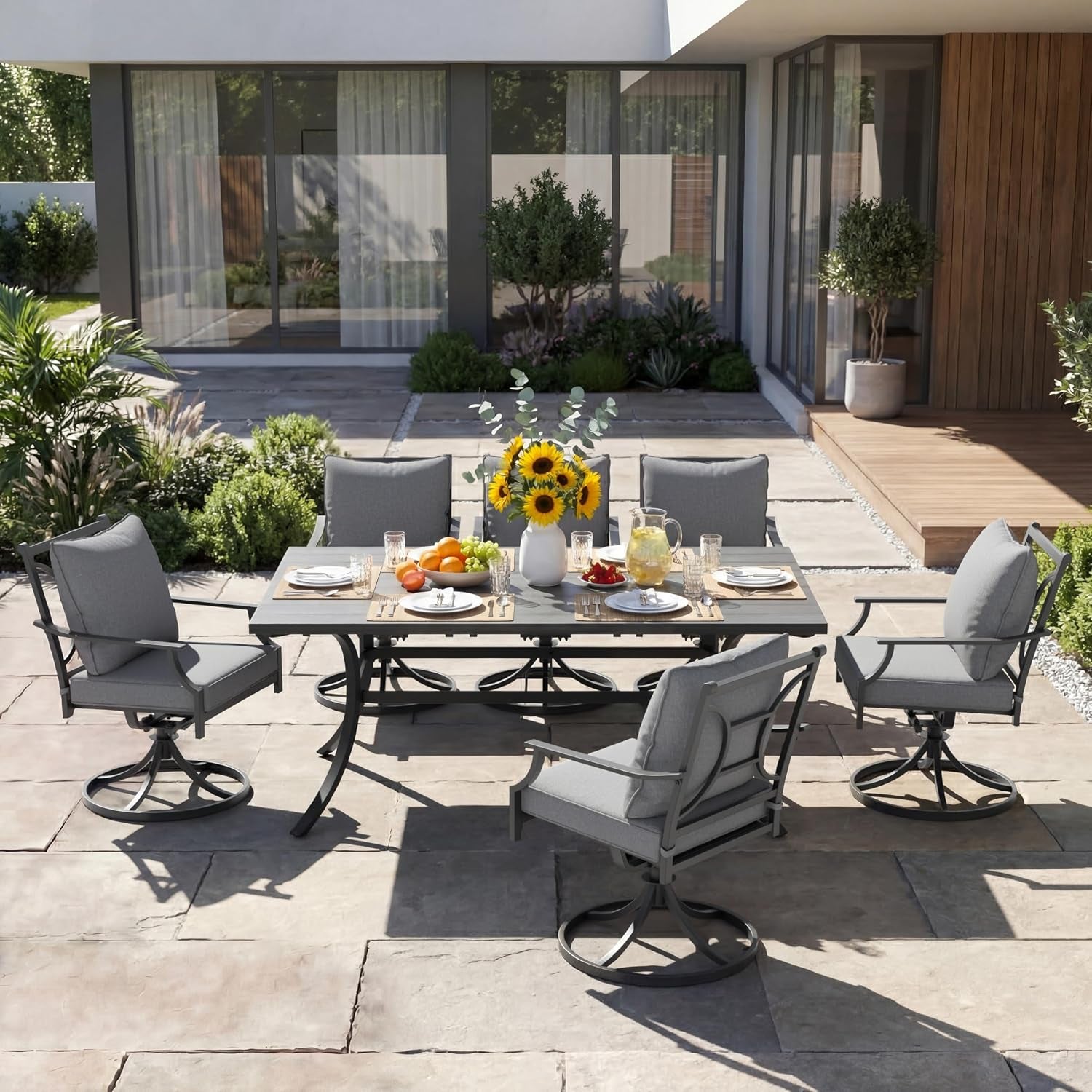 7-Piece Patio Dining Set for 6, E-Coated Outdoor Dining Set Swivel Patio Dining Chairs with Olefin Cushions & 1 Black Rectangular Faux Woodgrain Dining Table with 1.5”Market Umbrella Hole