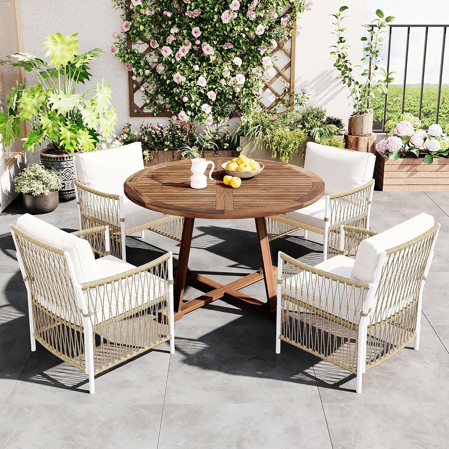 5 Piece Patio Dining Set, Outdoor Acacia Wood Extendable round Table with 12 Inch Butterfly Leaf and 4 Rattan Arm Chairs W/Cousions & Pillows for Backyard,Balcony, Garden, Poolsid, Natural