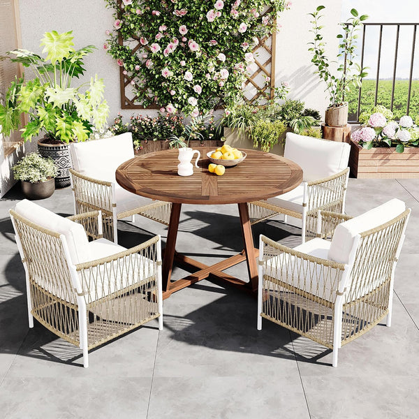 5 Piece Patio Dining Set, Outdoor Acacia Wood Extendable round Table with 12 Inch Butterfly Leaf and 4 Rattan Arm Chairs W/Cousions & Pillows for Backyard,Balcony, Garden, Poolsid, Natural